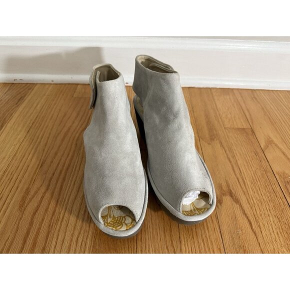 Fly London womens EU 39 US 8 8.5 Yone Peep Toe suede leather wedge heels beige - Picture 3 of 11